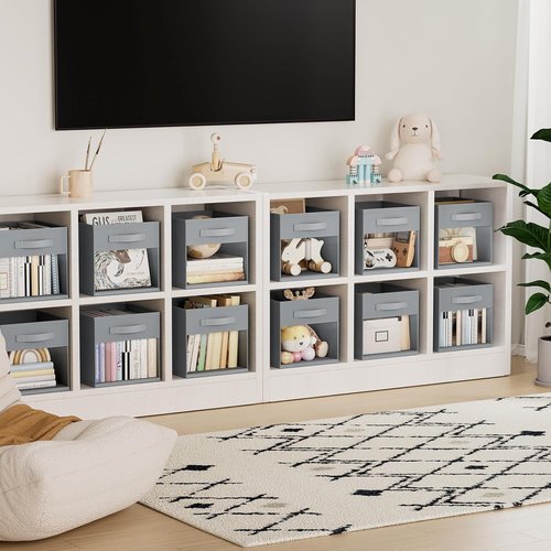 DIMJ Storage Cubes - 11x11 Inch Collapsible Storage Bins with Window - 6 Pack Grey Organizers for Clothes, Toys, and Books