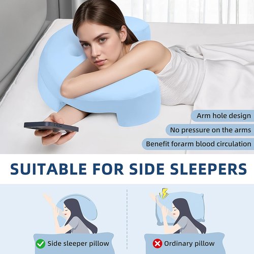 Hervimo Side Sleeper Pillow, Side Sleeper Pillows for Adults, Memory Foam Pillow for Neck and Shoulder Pain, Ideal for Side Sleepers, Side Sleeper Pillows with Arm Hole (Blue)