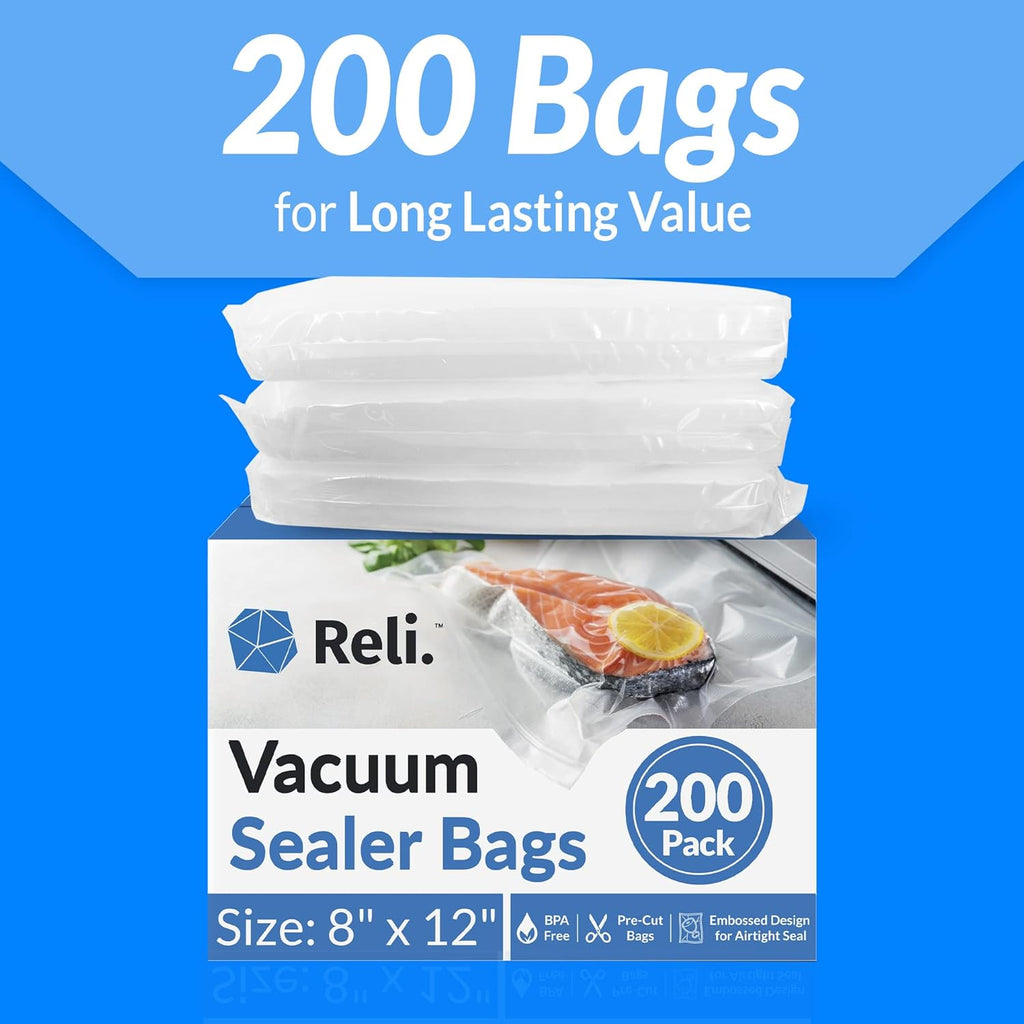 Reli. Vacuum Sealer Bags - 200 Pack | Pre-Cut Embossed Food Storage Bags | BPA Free, Quart Size, Clear