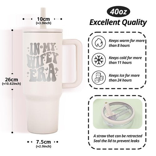JETIKON 40oz Stainless Steel Insulated Tumbler with Handle and Straw - In My Wifey Era - Perfect for Bride, Bachelorette, Wedding Gifts
