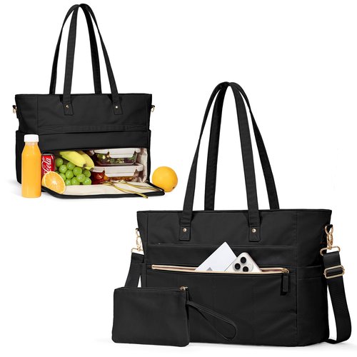 Marscamd Lunch Tote Bag with Insulated Compartment & 15.6" Laptop Sleeve, Womens 2-in-1 Water-resistant Work Bag for Office with a Purse & Crossbody Strap, Black
