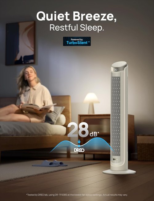 DREO Smart Tower Fan - Quiet 90° Oscillating Indoor Fan with Remote & Voice Control | 12H Timer, 26ft/s Velocity