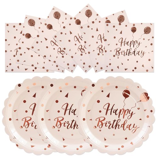 HFBOBP 50PCS Happy Birthday Paper Plates and Napkins Set - 7 Inch Pink Rose Gold Birthday Cake Plates Scalloped Dessert Plate Disposable Tableware for Birthday's Party Supplies Decorations