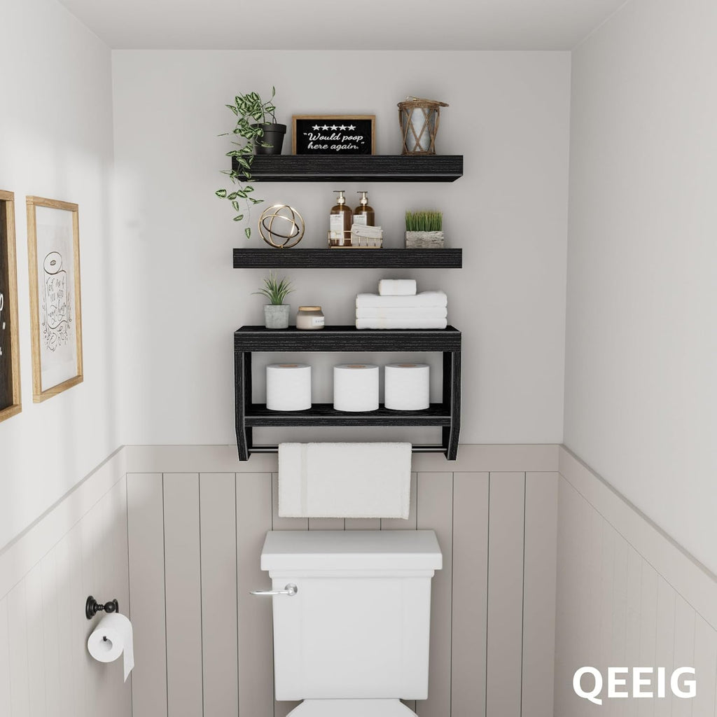 QEEIG Floating Bathroom Shelves - Stylish Wall Storage for Toilet Paper | Set of 3, 16 Inch, Black