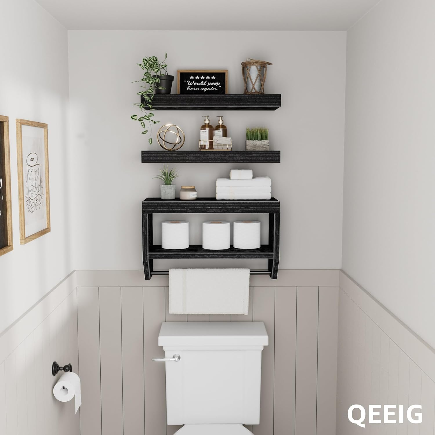 QEEIG Floating Bathroom Shelves - Stylish Wall Storage for Toilet Paper | Set of 3, 16 Inch, Black