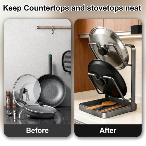 GROTOLY 2026 Kitchen Pot Lid Storage Rack,Double-Layer Pot Lid Holder With Tray,Multifunctional Kitchen Pot Lid Organizer for Countertop