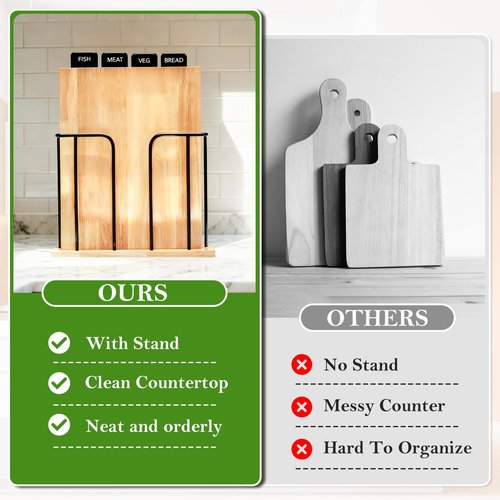 South to East Wood Cutting Board Set of 4 with Food Labels & Holder - Kitchen Chopping Boards for Meat, Bread & Veg | Easy Storage Wooden Cutting Boards for Family Meals, Ideal Gift for Home Cooks