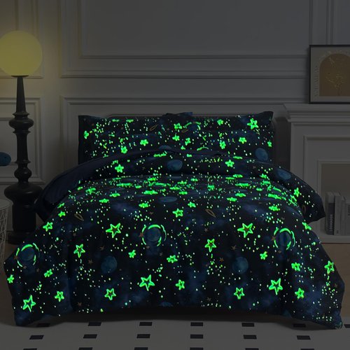 Aqzuxira Glow in The Dark Kids Comforter Set, 5 Pieces Blue Space Bedding Set Twin Size for Boys Girls Teen, 1 Comforter, 1 Pillowcase, 1 Pillow Sham, 1 Flat Sheet, 1 Fitted Sheet
