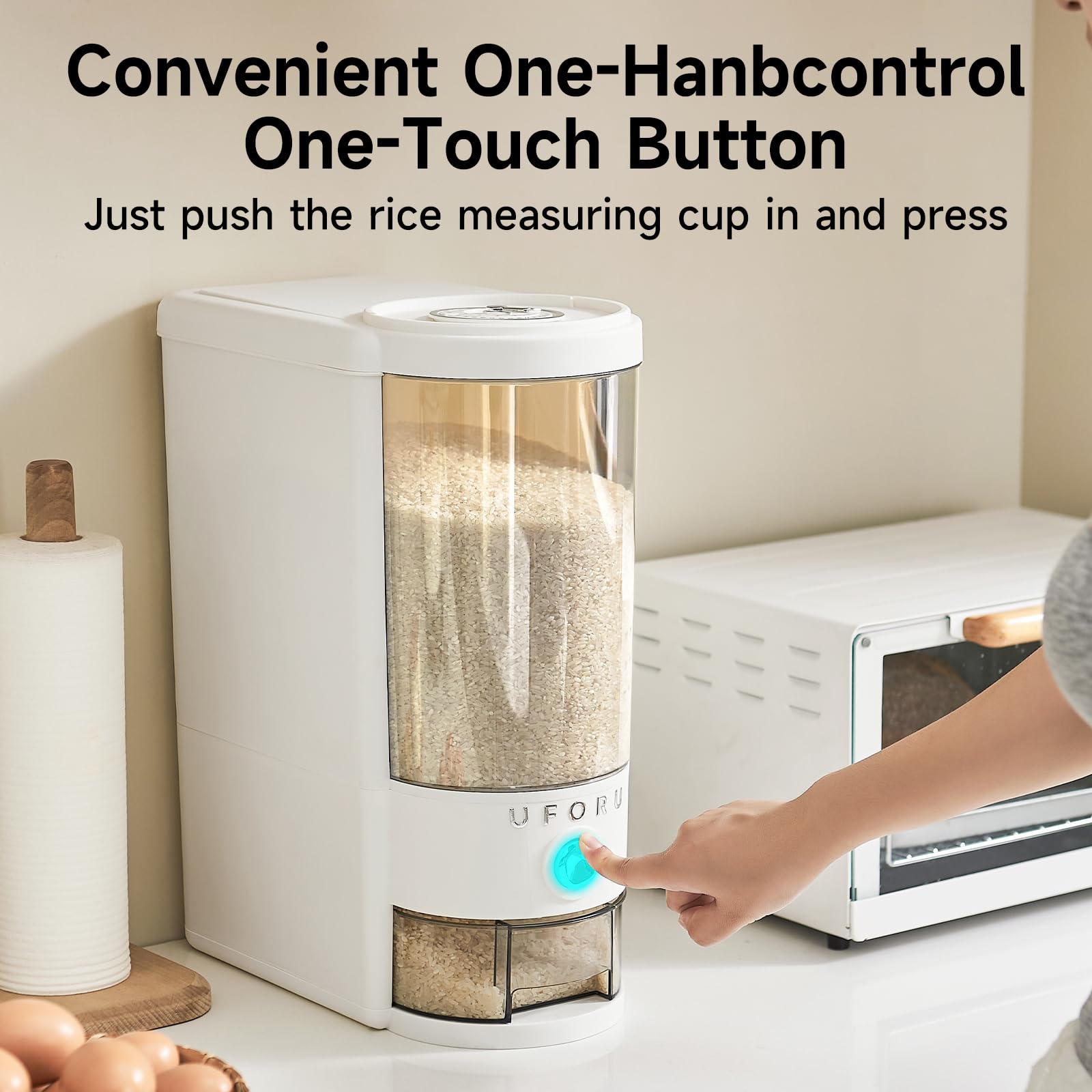 UFORU Rice Dispenser 20 lbs | Large Rice Storage Container for Kitchen&Pantry - Space-saving, Moisture & Pest-proof, BPA-Free - Dry Food Dispenser with One-Touch Dispenser & Measuring Cup for Families