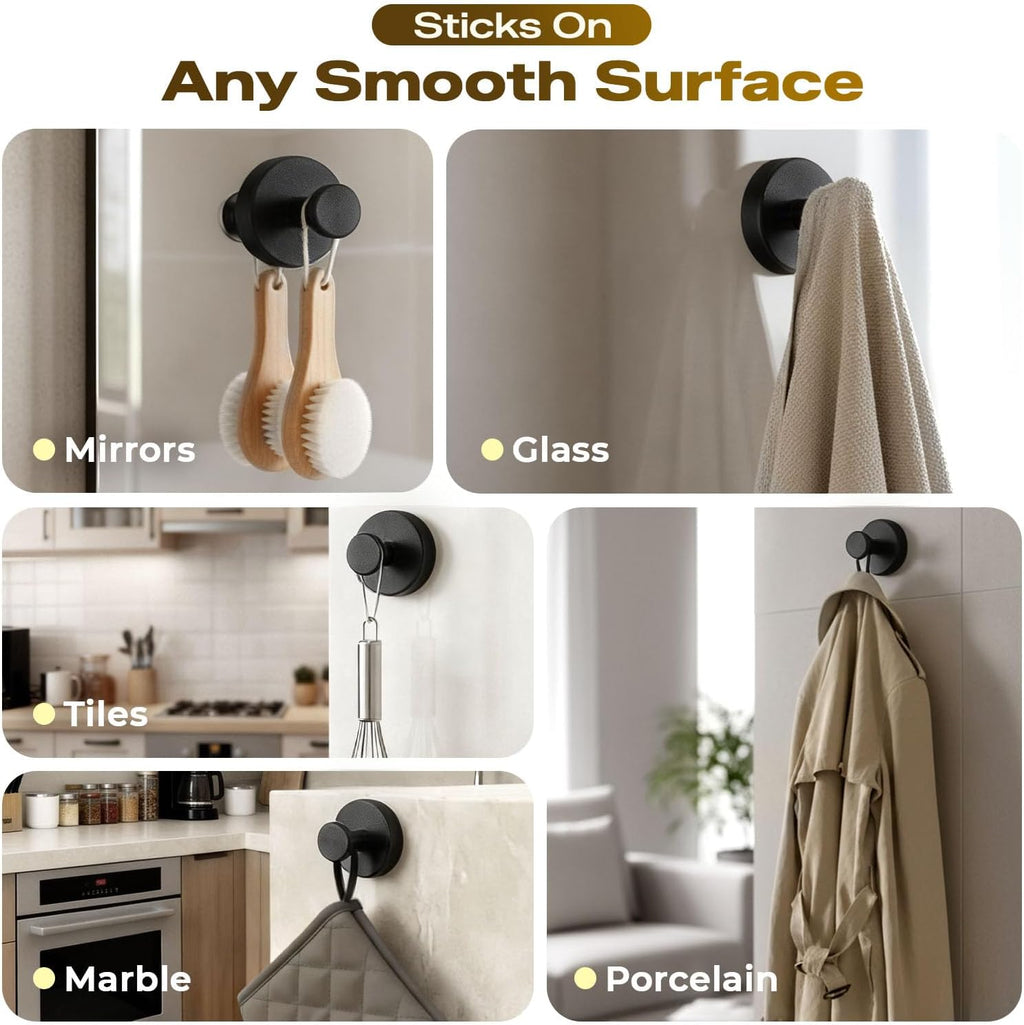 Skiennix Heavy-Duty Suction Cup Hooks - Removable Towel & Loofah Holders for Shower | 4 Pack, Black