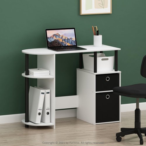 Furinno Jaya Desk, 38.4" Wide Gaming Desk with Bin Drawers, Computer Desk with Side Shelf, Office Desk for Study, Home Office, Bedroom, Dorm, Study Room, White