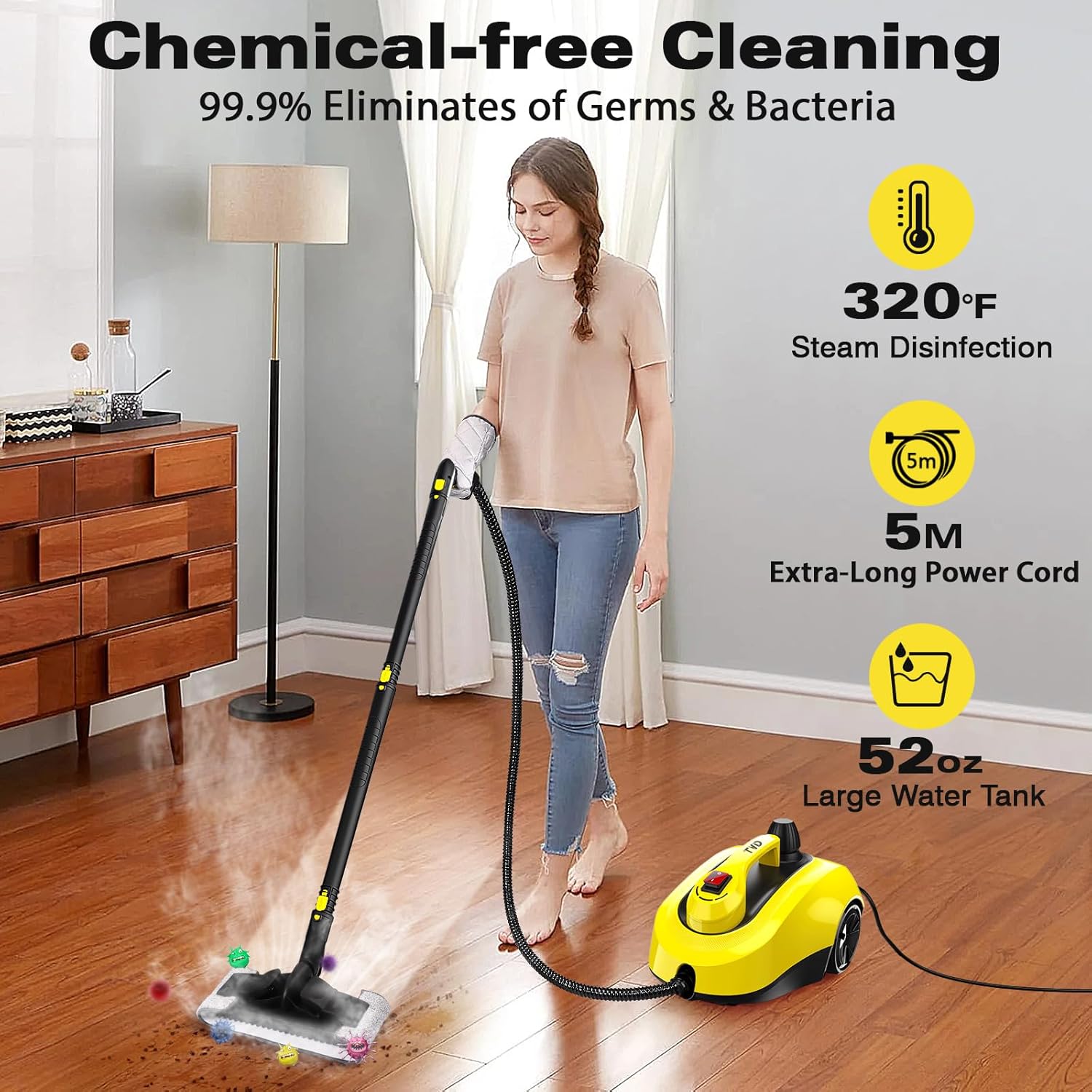 TVD Steam Cleaner - Powerful Home Steamer with 26 Accessories & 5M Extra-Long Power Cord | Versatile for Floors, Tiles & Upholstery