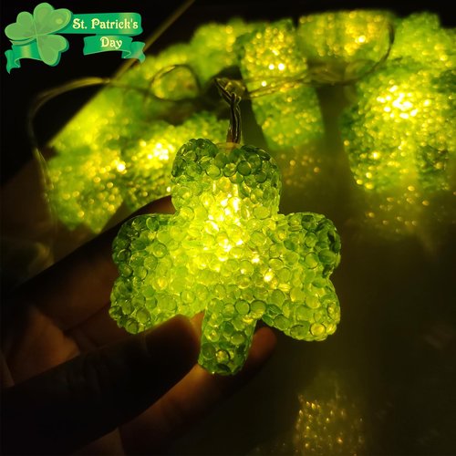 St Patricks Day Lights 6.8Ft Green Shamrock String Lights 10 LED Shatterproof Lucky Clover Light Battery Operated with Remote Timer, St Patricks Shamrock Light Indoor for Party Home Irish Decor