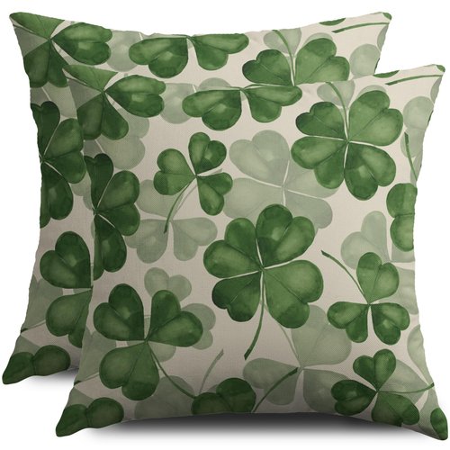 St Patricks Day Pillow Covers 18X18 Set of 2, Clover Print Saint Patrick's Dark Green Decorative Throw Pillow Covers Outdoor Farmhouse Holiday Shamrock Decoration Cushion Cases Couch Sofa Bed Decor