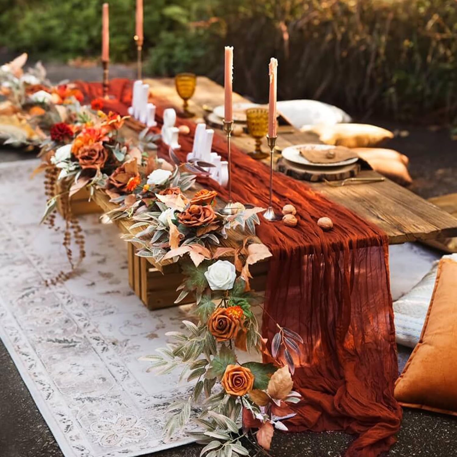 Skiennix Terracotta Cheesecloth Table Runner - 10 FT Long, Semi-Sheer Boho Rustic Design | 35 x 120 Inch