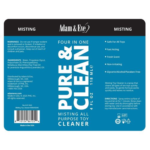 Adam & Eve Sex Toy Cleaner, 4 In 1 Pure And Clean Misting Spray, Fast Acting Misting Spray For Adult Toys, Vibrators, Dildos, Fresh Scent, Water Based Formula Perfect for Gifting, No Residue, 4 oz