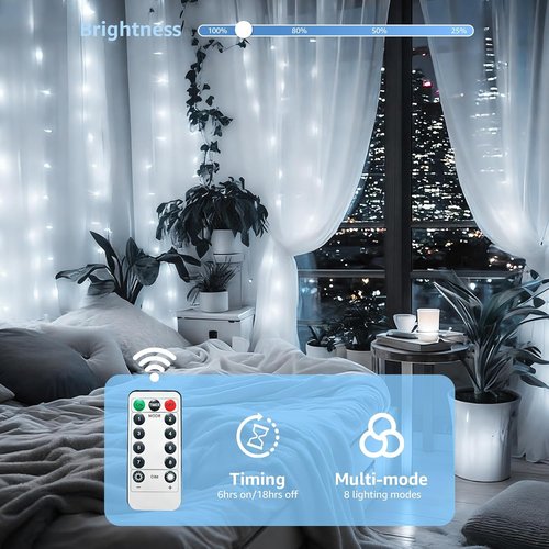 FUYO 300 LED Window Curtain String Lights - Waterproof Fairy Lights with 8 Modes for Bedroom, Party & Wedding Decor (White)
