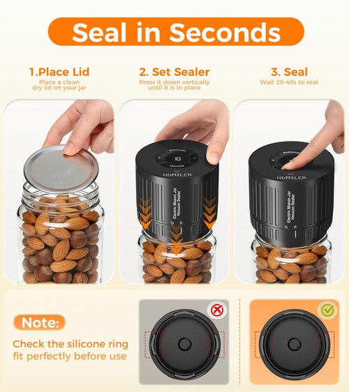 HOMILEN Electric Mason Jar Vacuum Sealer Kit - 2 Modes for Vacuum and Fast Marinade, 10 Sealing Lids - Preserve Freshness Efficiently, Ideal for Canning Jams, Pickles, Dry Foods, Grains Storage