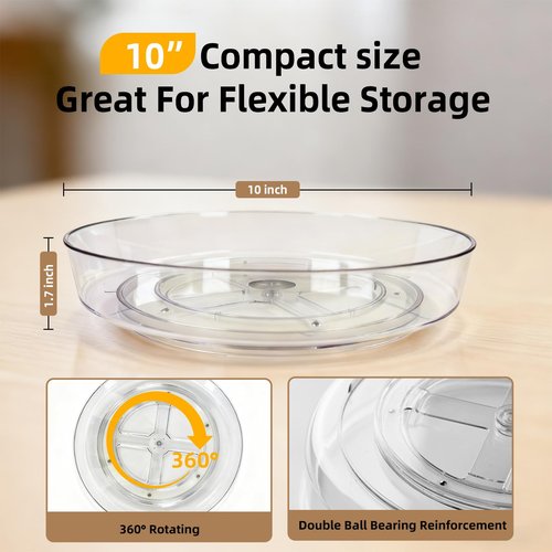MiraFure 2 Pack Lazy Susan 10 inch Turntable for Spice Organization | Clear BPA-Free Plastic Rotating Organizer for Kitchen Cabinet, Pantry, Countertop, Fridge | 360-Degree Rotating Base