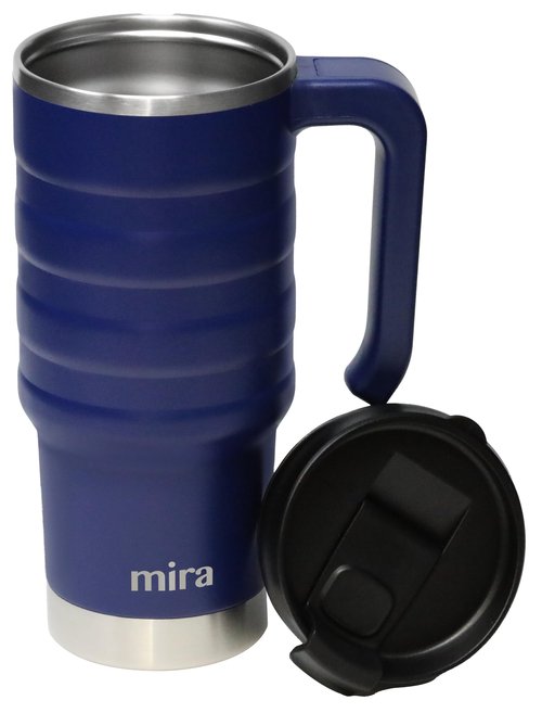 MIRA 24 oz Insulated Travel Mug - Stainless Steel Coffee Cup with Spill-Proof Flip Lid & Handle - Hot/Cold Car Tumbler - Marine