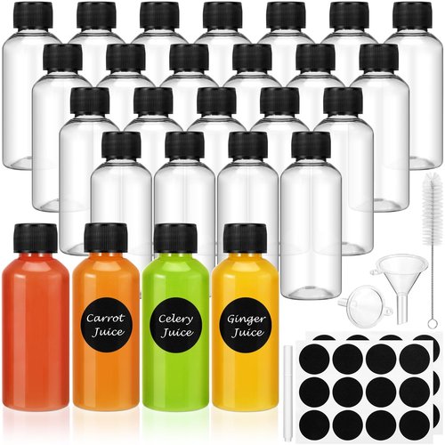 Revahope 24 Pack 2 oz Shot Bottles with Caps, Mini Reusable Plastic Ginger Shots Bottle Leakproof Juice Shot Bottles with Lids for Juice, Oil and Liquid Samples, Small Containers for DIY, Travel