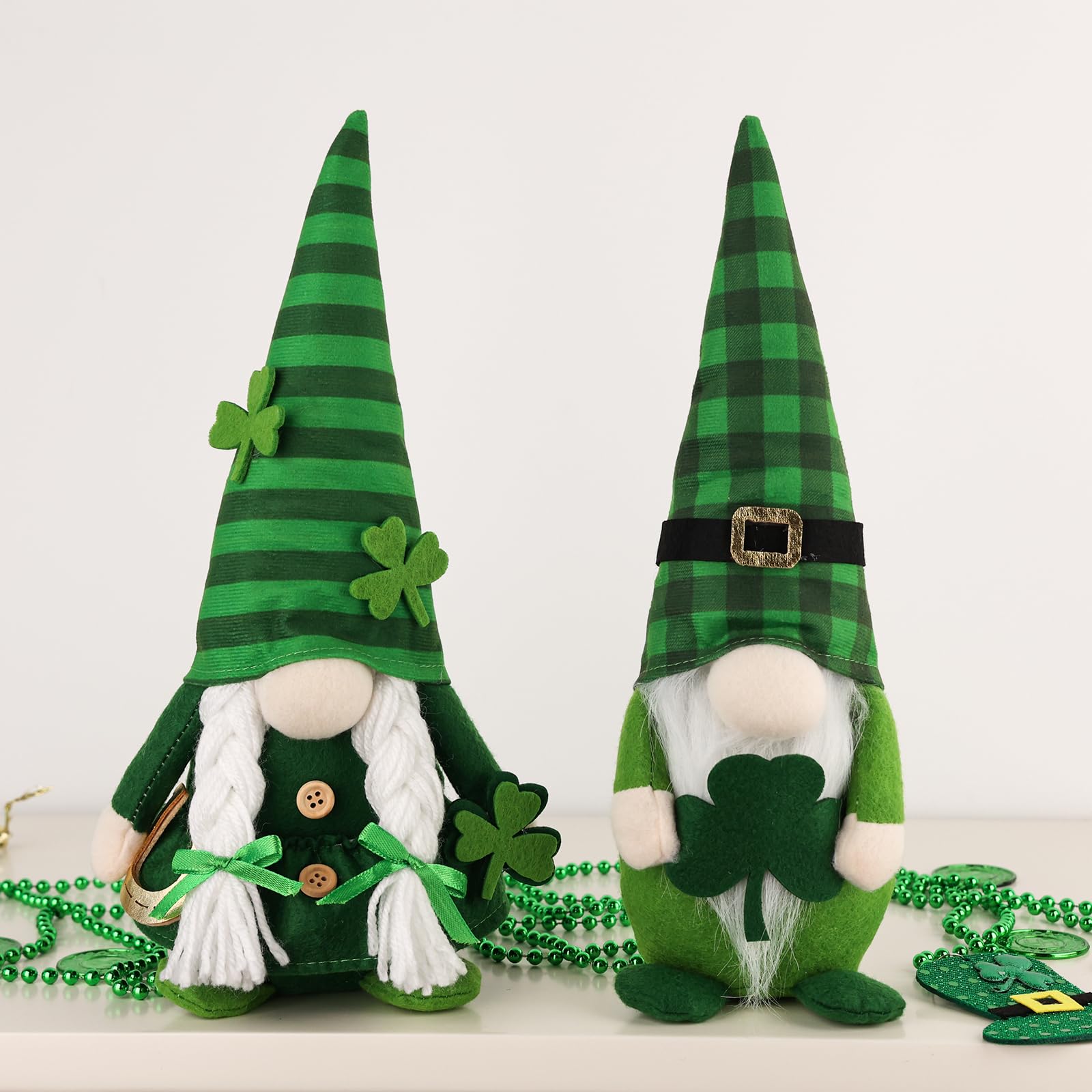 St. Patrick's Day Decor, 2 Pcs Shamrock Gnomes Plush Handmade Green Irish Gnome Scandinavian Tomte Leprechaun Home Table Centerpiece, Office Irish Gifts