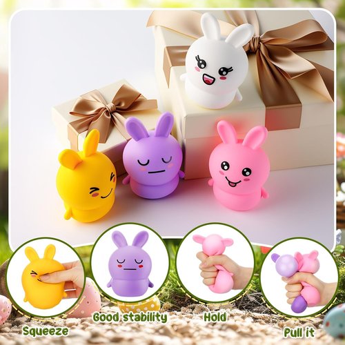 Meooeck 12 Pcs Easter Bunny Mini Squeeze Balls Easter Basket Stuffers, Egg Fillers, Rabbit Stress Balls for Adults Stress Relief Fidget Party Favors Gifts Office ADHD Autism Anxiety