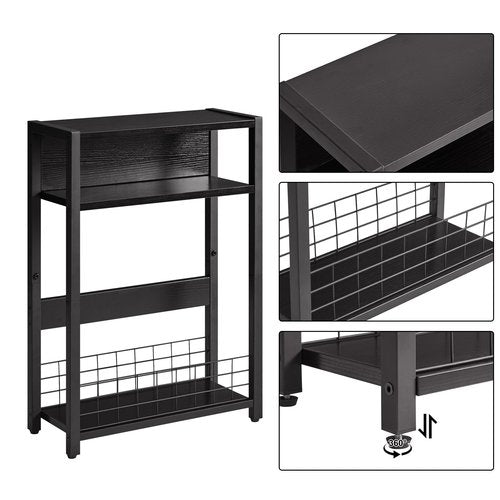 IBUYKE Narrow Side Table with Storage Shelf, 3 Tier End Table,Modern Sofa Table,Small Nightstand with Magazine Rack,Telephone Table for Small Spaces,for Living Room, Bedroom,Black UTMZ001B
