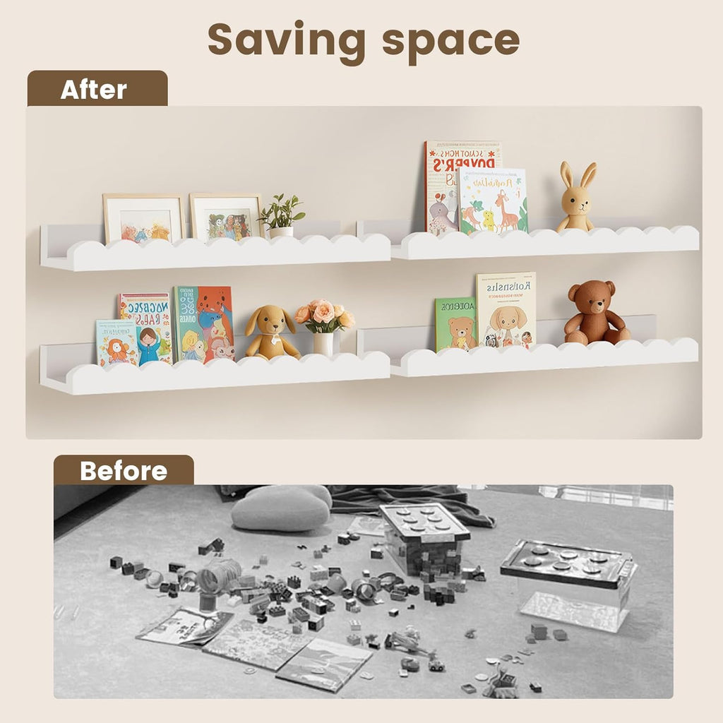 Yirilan 4-Pack Floating Nursery Shelves - Scalloped Design for Kids' Rooms | White Finish