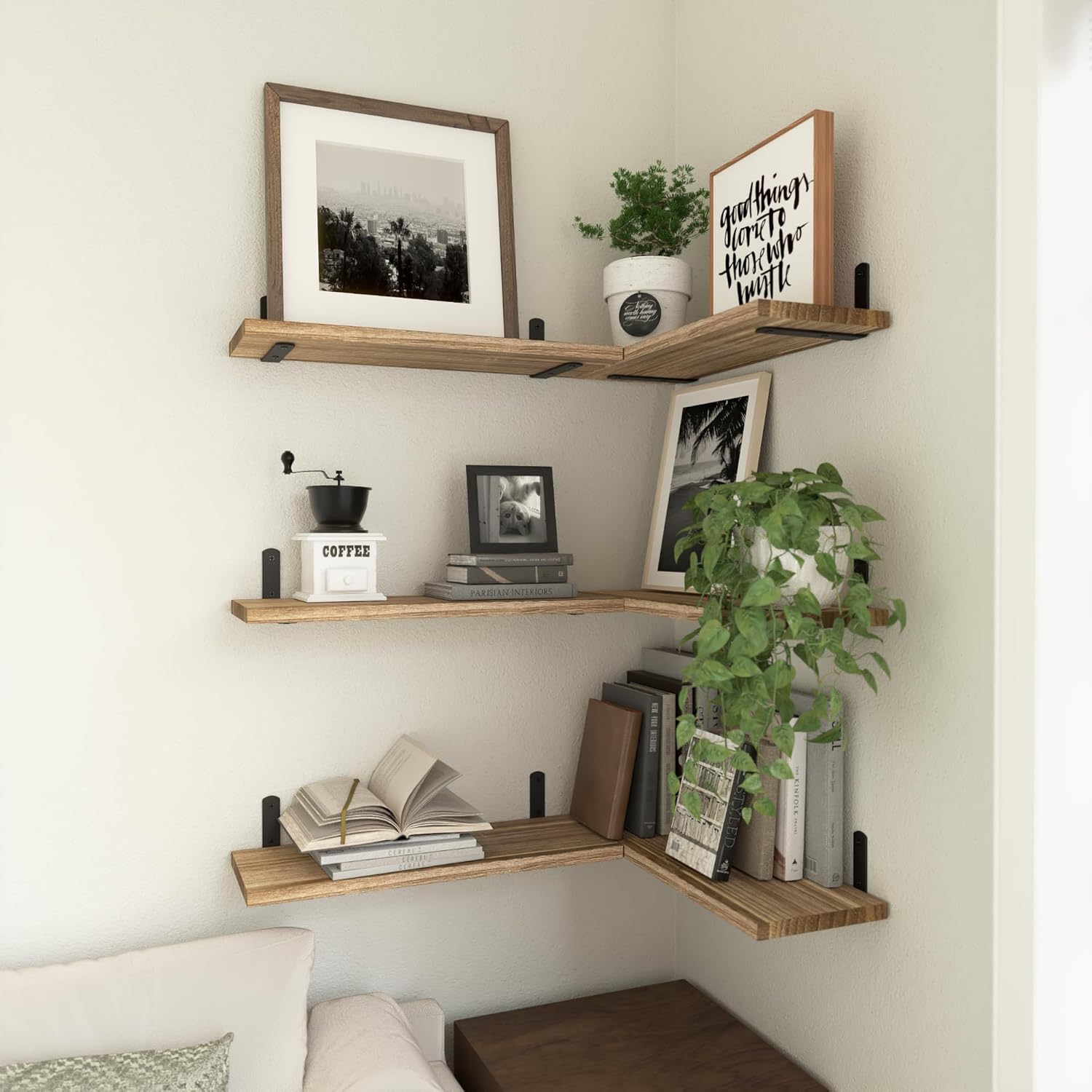 WOPITUES Wood Floating Shelves - Set of 6 Rustic Brown Wall Decor for Bedroom, Bathroom & Living Room