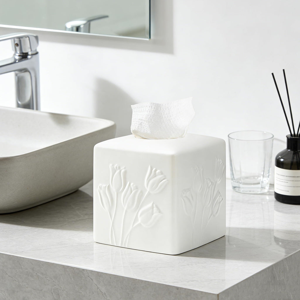 White Ceramic Tulips Tissue Box Cover - Modern Square Decorative Organizer for Facial Tissues, Farmhouse Style Home Decor for Bathroom, Bedroom, Living Room & Office