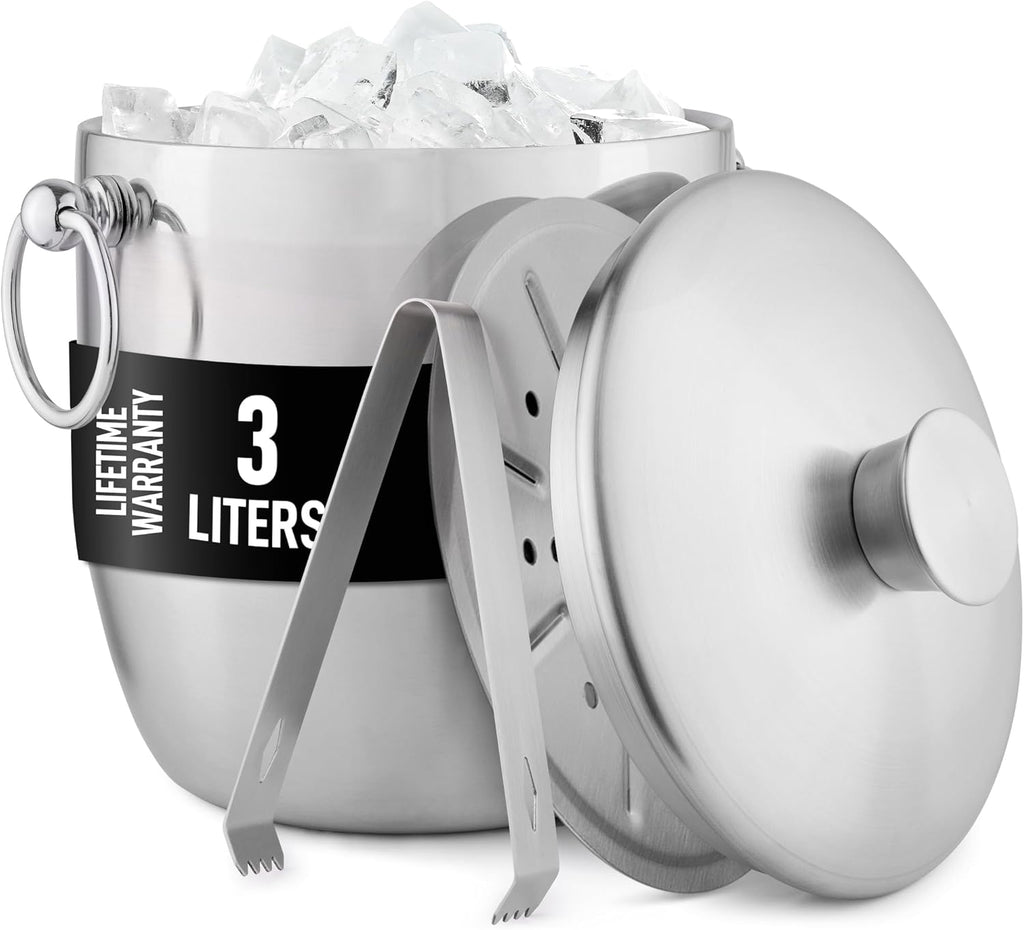 Zulay Kitchen Premium Stainless Steel Double-Wall Insulated Ice Bucket Kit – 3L, Leak-Proof, Stylish Drink Cooler for Parties, Cocktails, Wine, and Whiskey – Perfect for Home & Bar Use
