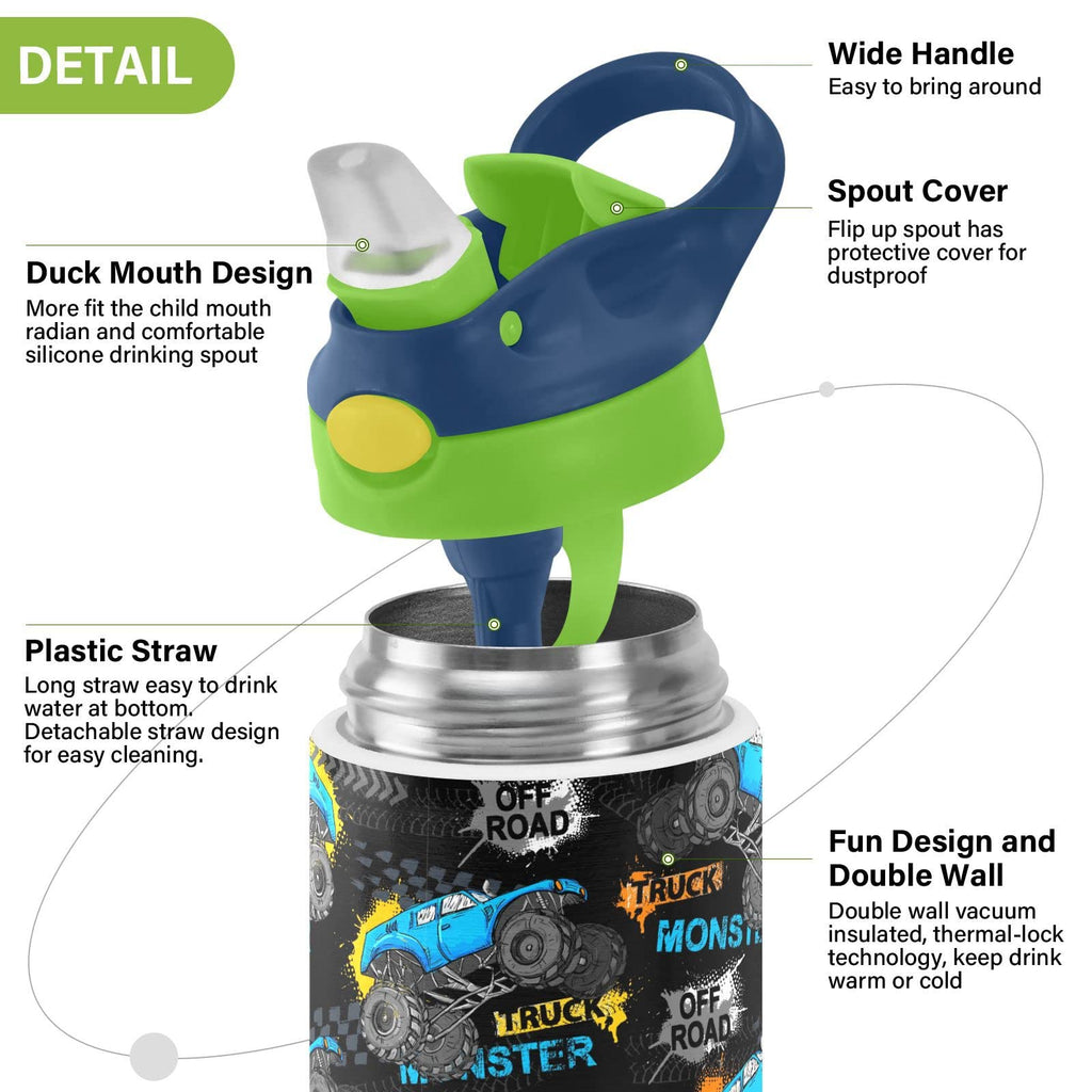 Monster Truck Tires Insulated Stainless Steel Water Bottle for Kids Toddlers Steel Cup with Straw & Handle Kids Cups for Boys Girls School Office Travel Sports Gym