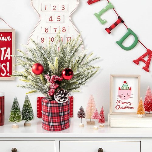 Buffalo Check | 2 Pack Small Christmas Trees - Festive Centerpiece Decor with Pine Cones & Berries