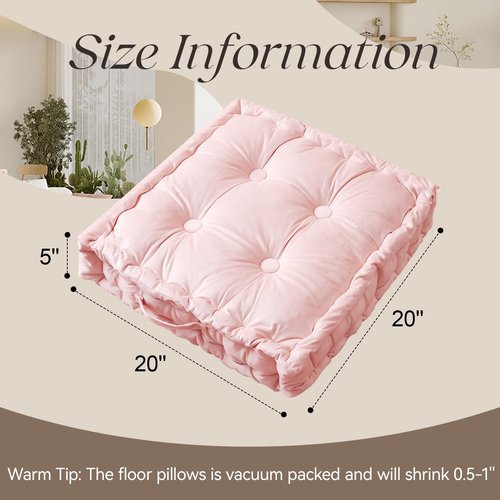RuzRhyth Square Floor Pillows, Large Floor Cushion for Adults Kids, Meditation Floor Pillow Seating Cushion with Shredded Memory Foam and Silk Wadding, 20"x20"x5" Blush