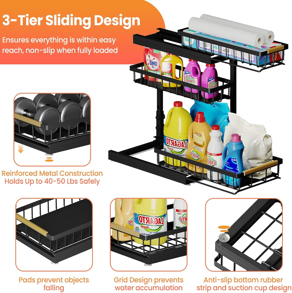 Under Sink Organizer - 3 Tier Pull Out Shelf Storage for Bathroom & Kitchen | 2 Pack Slide Out Drawers