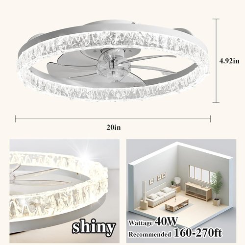 DIAMONDFORGE Ceiling Fans with Lights and Remote Fandelier - 20" Flush Mount Low Profile Modern Ceiling Fans for Bedroom - Stepless Color Temperature and 6 Speeds, White Irregular Crystal