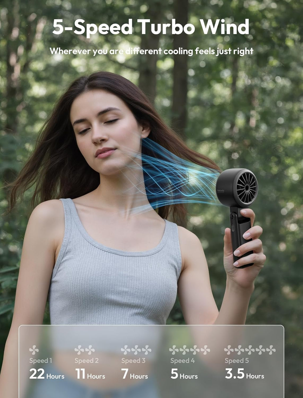 Aecooly Portable 3-in-1 Handheld Fan - USB Rechargeable Mini Fan with 22H Max Cooling Time | Black