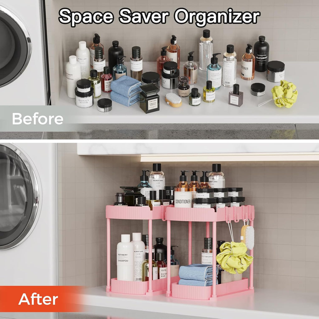 Ukeetap Multi-Purpose Pull-Out Storage Organizers - Under Sink & Cabinet, 12.8 Inch Pink (2 Pack)