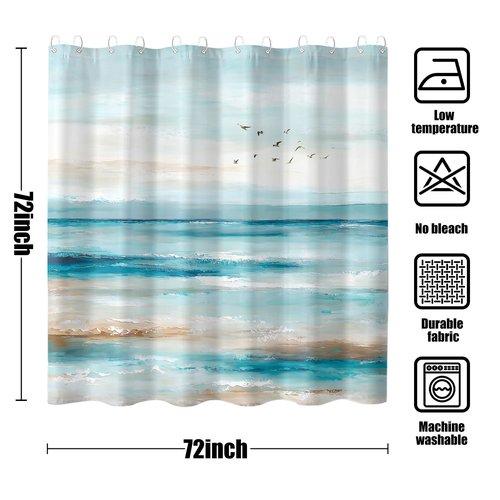 Accnicc Abstract Beach Shower Curtain Ocean Art Oil Painting Shower Curtains for Bathroom Teal Blue Coastal Seagull Waterproof Fabric Bath Curtain Decor 72 X 72 Inches