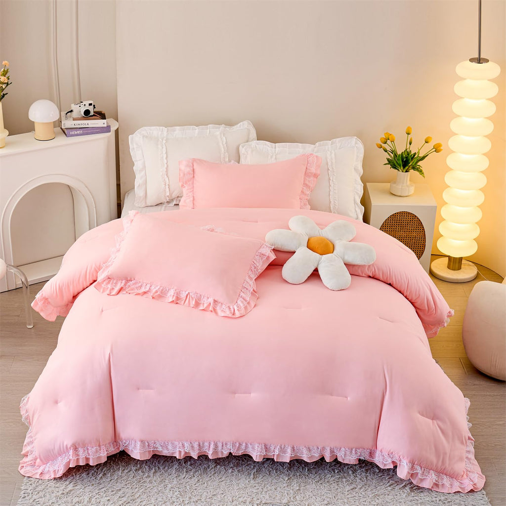 MOOWOO Chic Ruffle Lace Comforter Set -Girl Pink Bedding-2 Piece Twin Bed Quilt -Aesthetic Bedding,Ultra Soft and Durable,Fluffy Bed Comforter Sets for All Season