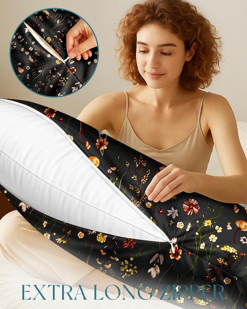 Miss Adola Silk Body Pillow Cover with Zipper - 20x54 Inch Silk Long Pillow Case for Women Ladies Adults Soft Bed Decorative Cute Boho Large Body Pillowcase Sham for Hair and Skin, Black Grow Flower