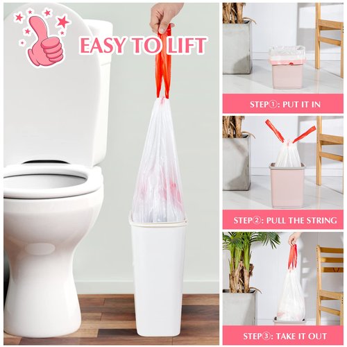 Small Trash Bags 2-4 Gallon Drawstring-Ryobyo Small Garbage Bag Extra Strong, Unscented, Stretchy, Quick Cinch for Bathroom Kitchen, White 44 Count