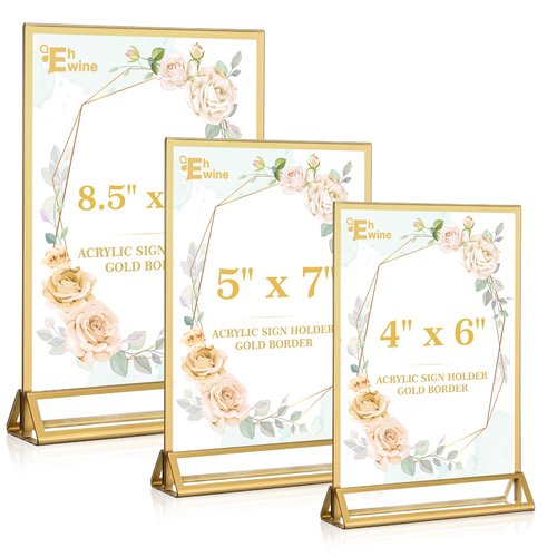 EHWINE 26 Pack 5×7 Clear Acrylic Sign Holder with Gold Borders and Vertical Stand, Double Sided Table Menu Holders Picture Frames for Wedding Table Numbers, Restaurant Signs, Photos and Art Display