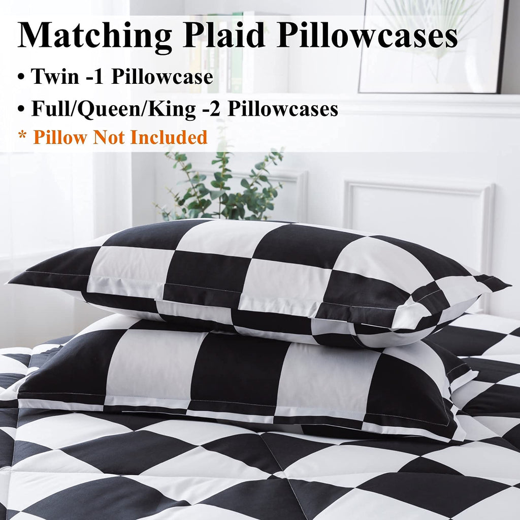Andency Checkered Comforter Twin(66x90Inch), Black White Plaid Gingham Bed Set for Teen Boys Kids, Lightweight Polyester Geometric Preppy Bedding, 2 Pieces
