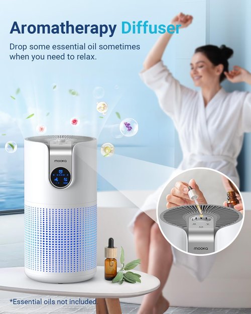 MOOKA HEPA Air Purifier - Large Room Coverage Up to 1500ft² | Quiet 15dB with Aromatherapy for Pets & Allergens