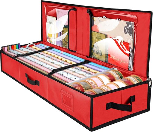 BALEINE Gift Wrap Storage Organizer - 40" Durable 600D Oxford Fabric Bag with Flexible Partitions | Red