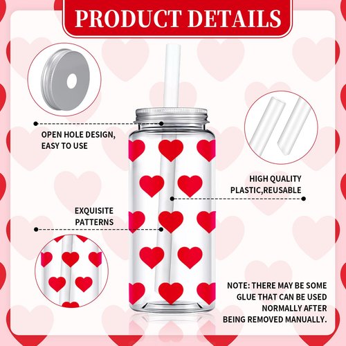 Whaline 20Pcs Valentine's Day Plastic Cups with Lids and Straws Clear Party Drinking Cups Red Heart Reusable Tumblers for Holiday Party Supplies