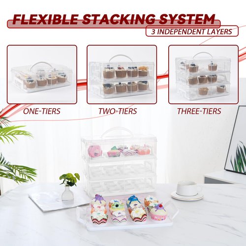 LEPump Cupcake Carrier, 3-Tiers Cupcake Containers, Holds 36 Cupcakes or 3 Large Cakes, Cupcake Holder, Cupcake Box with Lid and Handle (White, Basic)