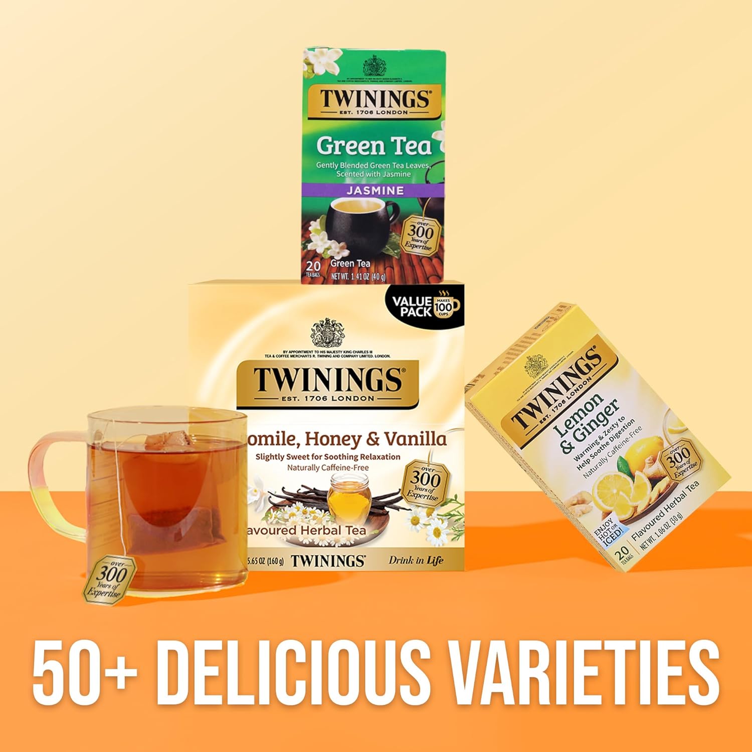Twinings Camomile Herbal Tea - Honey & Vanilla Flavor, Naturally Caffeine-Free, 100 Individually Wrapped Bags